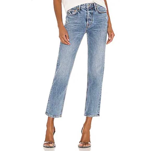 GRLFRND Button Fly Straight Leg Medium Wash Helena in Missing Words Size 26 - Picture 1 of 8